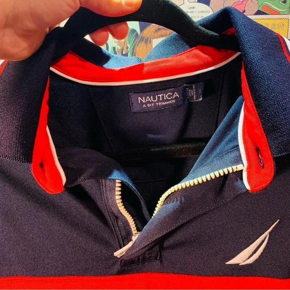 Nautica A-Bit Trimmer Colorblock Zip Polo Navy/Red/White Y2K Sailing Shirt L - Picture 7 of 8